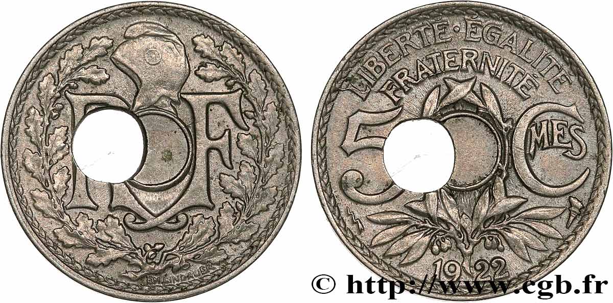 5 centimes Lindauer petit module, trou décentré 1922 Poissy F.122/5 var. AU53 