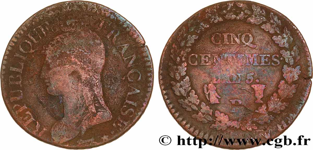 Cinq centimes Dupré, grand module,  refrappage  du décime 1797 Rouen F.114/4 RC 