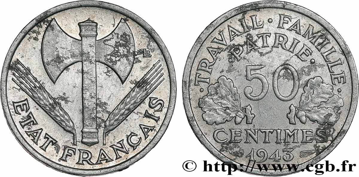 50 centimes Francisque, légère, FRAPPE MÉDAILLE 1943 Paris F.196/2 var. q.BB 