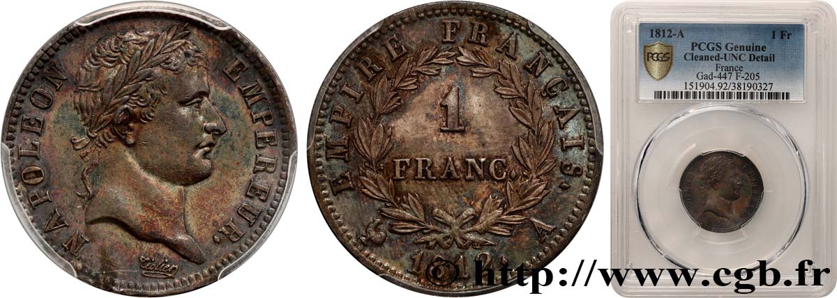 1 franc Napoléon Ier tête laurée, Empire français 1812 Paris F.205/42 SUP+ PCGS