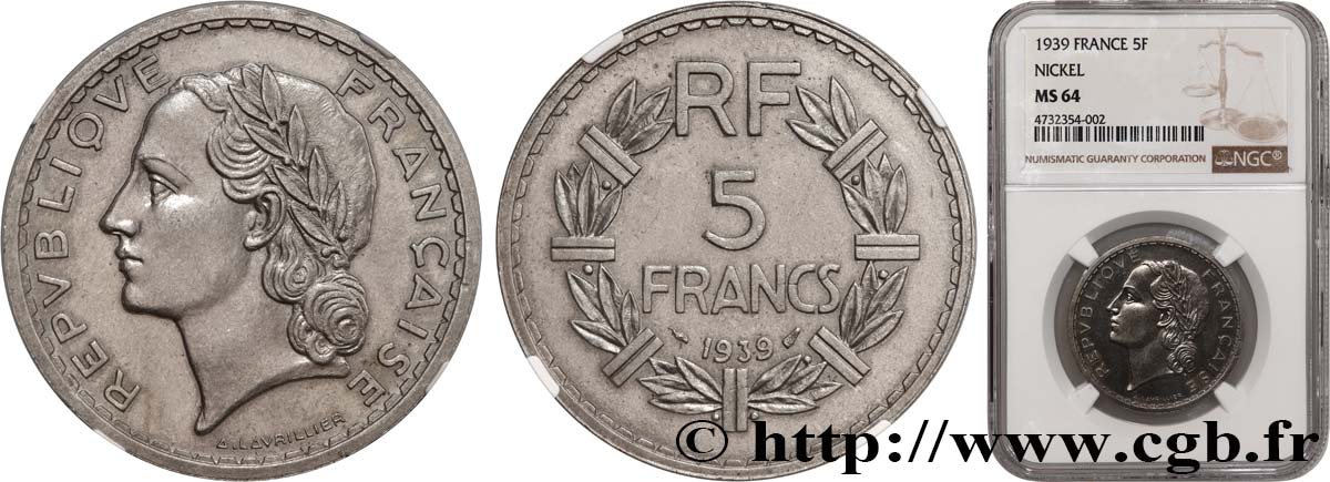 5 francs Lavrillier, nickel 1939  F.336/8 fST64 NGC