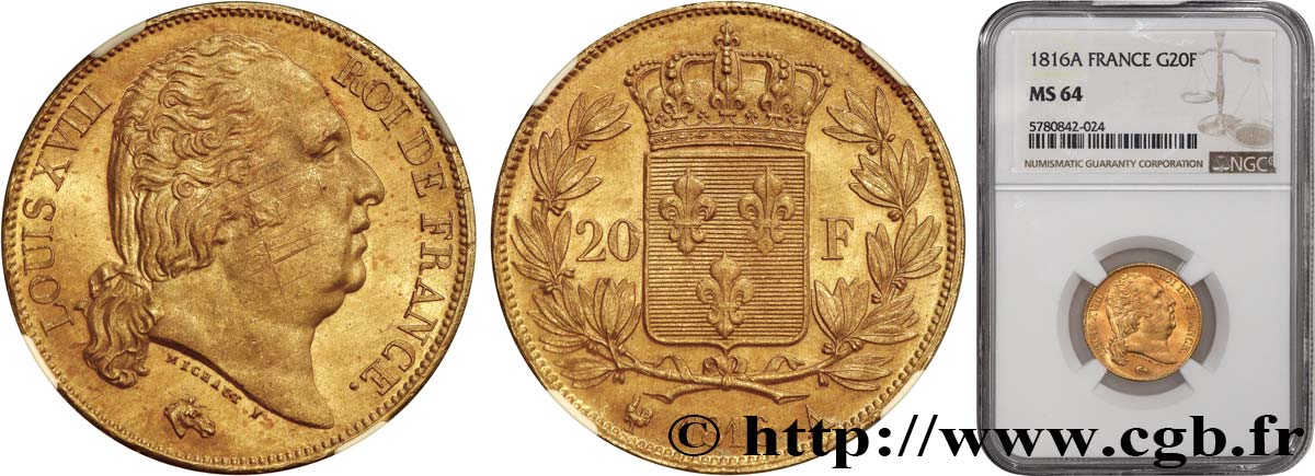20 francs or Louis XVIII, tête nue 1816 Paris F.519/1 SPL64 NGC