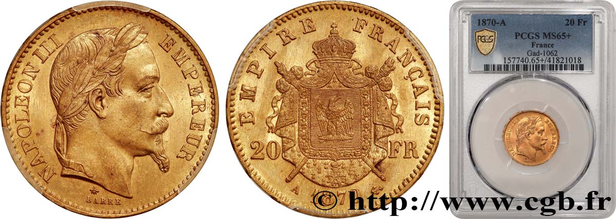 20 francs or Napoléon III, tête laurée 1870 Paris F.532/23 FDC65 PCGS