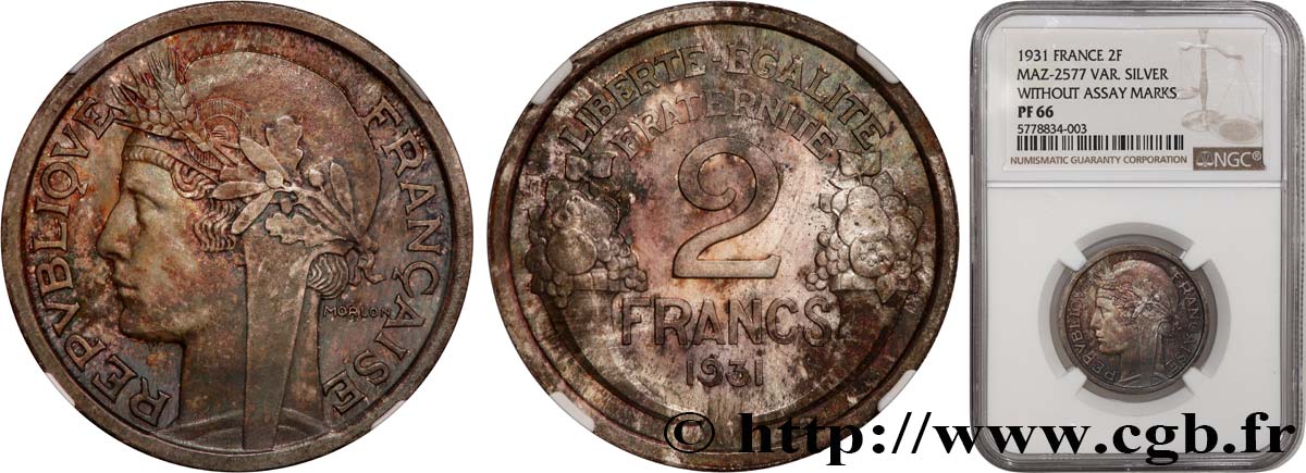 Pré-série sans le mot ESSAI de la 2 francs Morlon en argent 1931  GEM.113 5 MS66 NGC