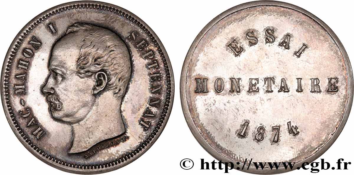 Essai Monétaire de 5 francs Mac-Mahon en Bronze-Argenté 1874  GEM.130 14 MS 