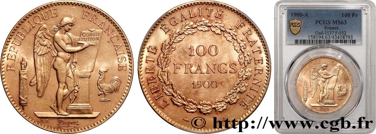100 francs or Génie, tranche inscrite en relief Dieu protège la France 1900 Paris F.552/13 SPL63 PCGS