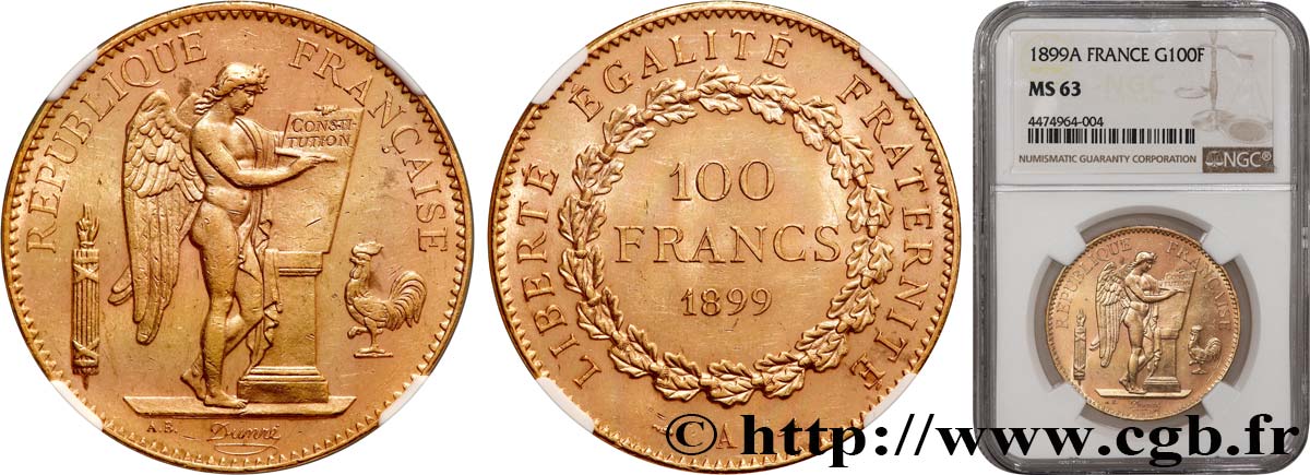 100 francs or Génie, tranche inscrite en relief Dieu protège la France 1899 Paris F.552/12 SPL63 NGC