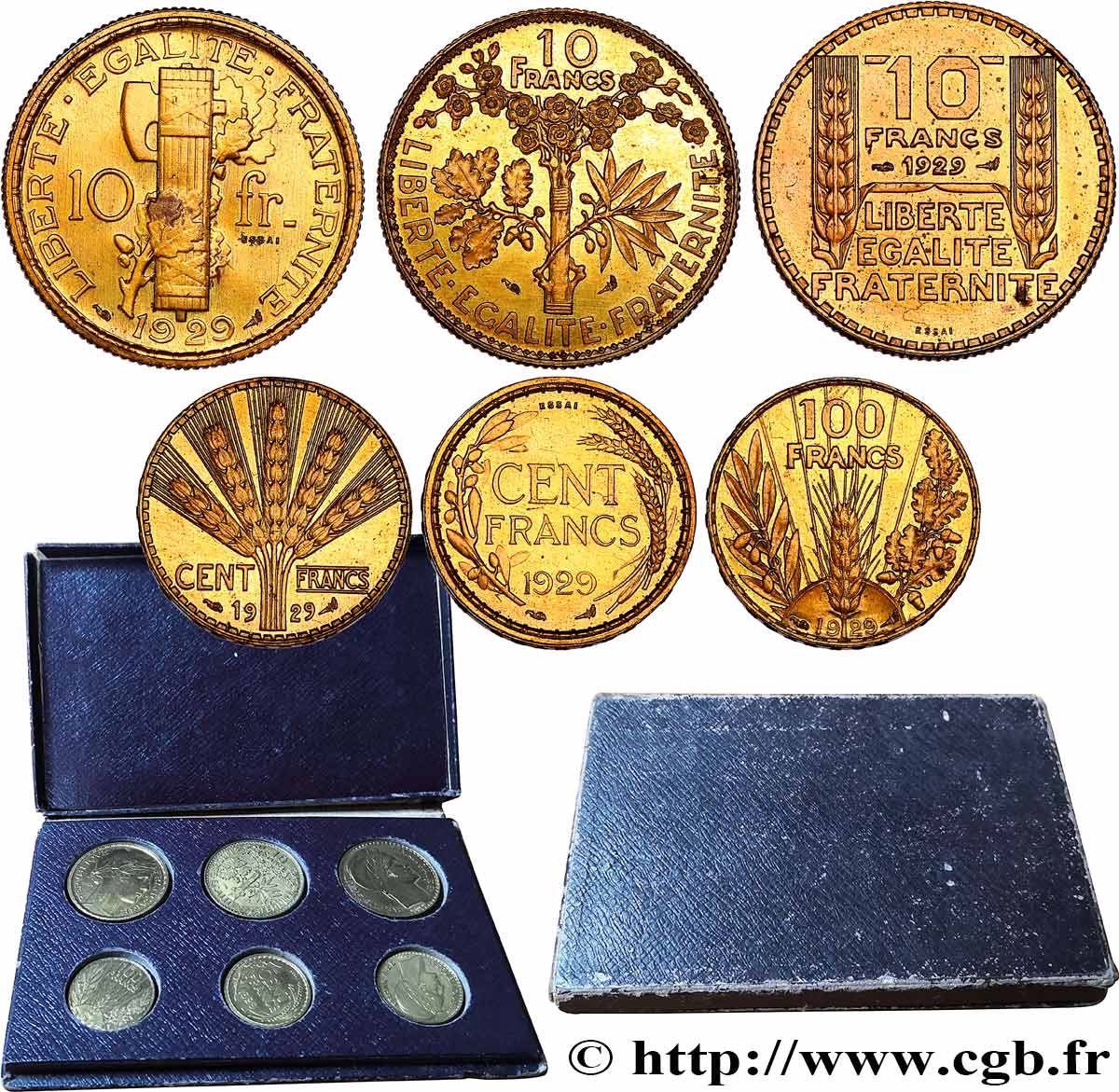 Concours monétaire de 1929, boîte de six essais, 100 francs et 10 francs en bronze-aluminium 1929 Paris GEM.161 3 SUP+ 