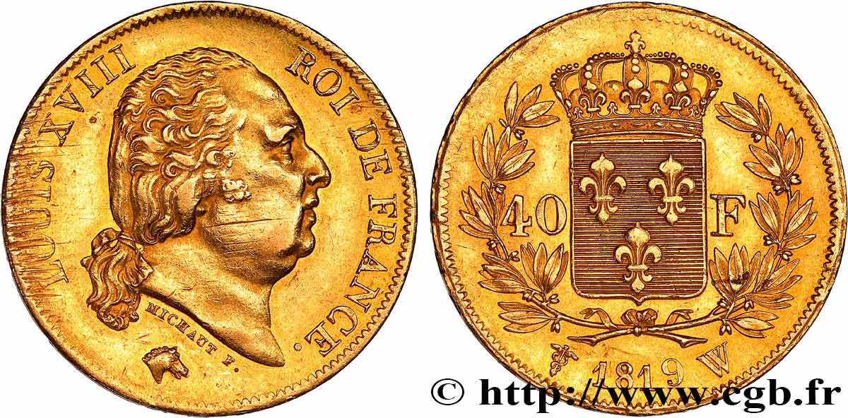 40 francs or Louis XVIII 1819 Lille F.542/9 AU 