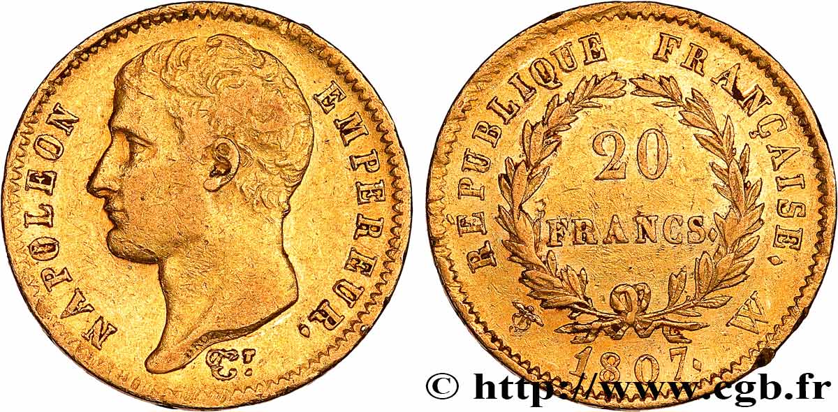 20 francs Napoléon tête nue, type transitoire 1807 Lille F.514/4 BB 