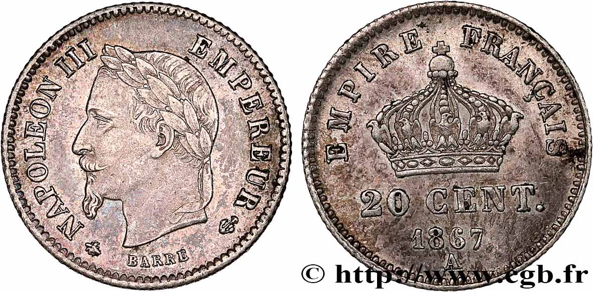 20 centimes Napoléon III, tête laurée, grand module 1867 Paris F.150/1 SS 