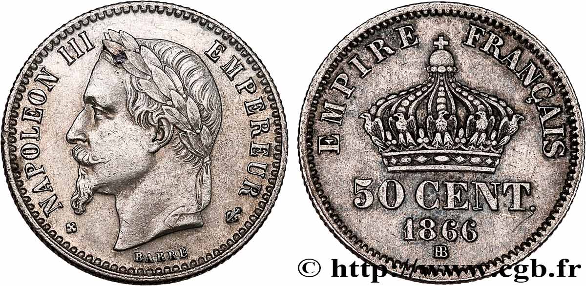 50 centimes Napoléon III, tête laurée 1866 Strasbourg F.188/10 TTB 