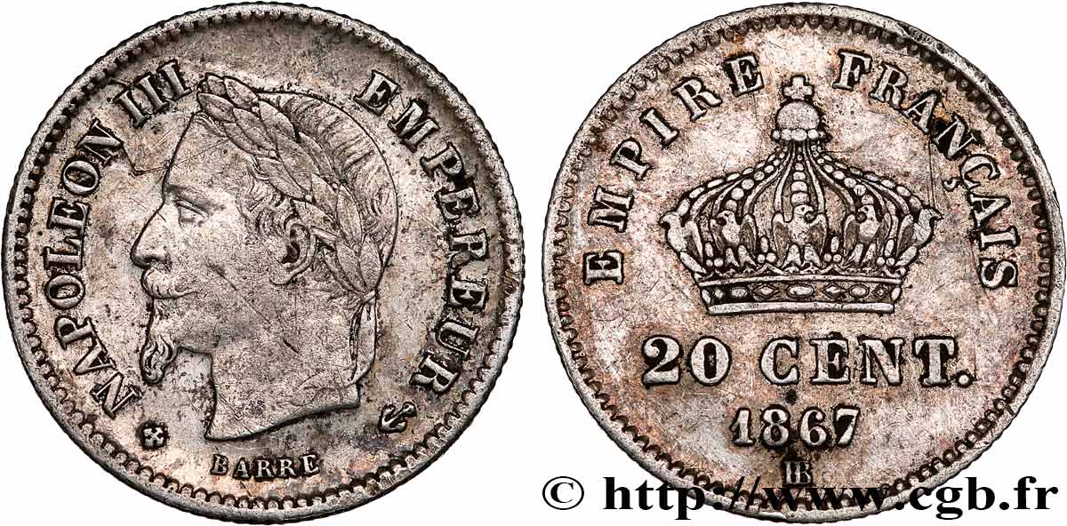20 centimes Napoléon III, tête laurée, grand module 1867 Strasbourg F.150/2 BC 