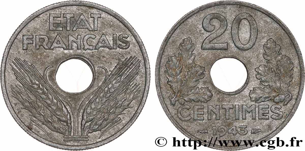 20 centimes État français, lourde 1943  F.153/5 TTB53 