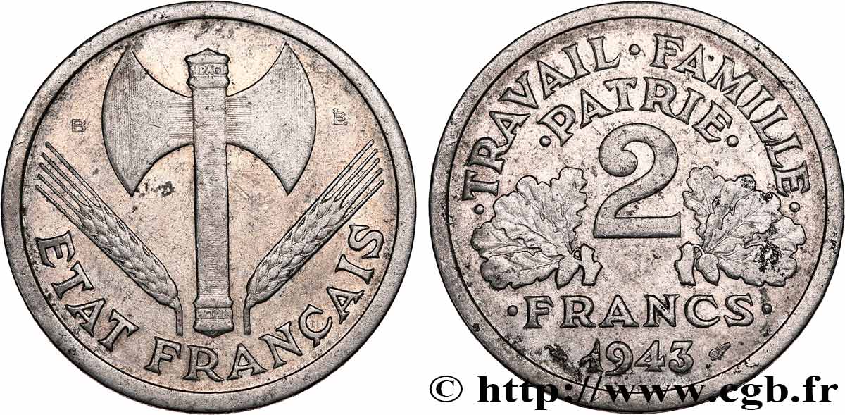 2 francs Francisque 1943 Beaumont-Le-Roger F.270/3 VF 