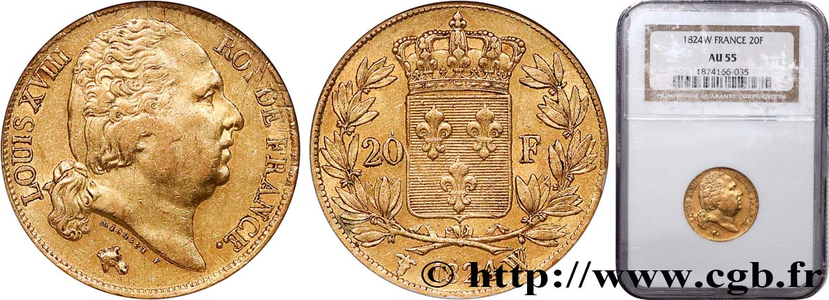 20 francs or Louis XVIII, tête nue 1824 Lille F.519/34 AU55 NGC