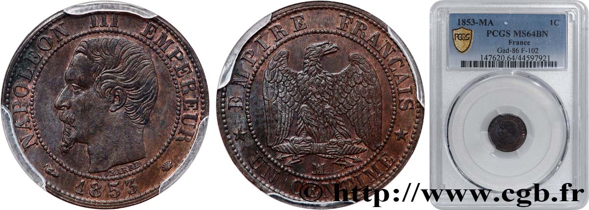 Un centime Napoléon III, tête nue 1853 Marseille F.102/7 SC64 PCGS