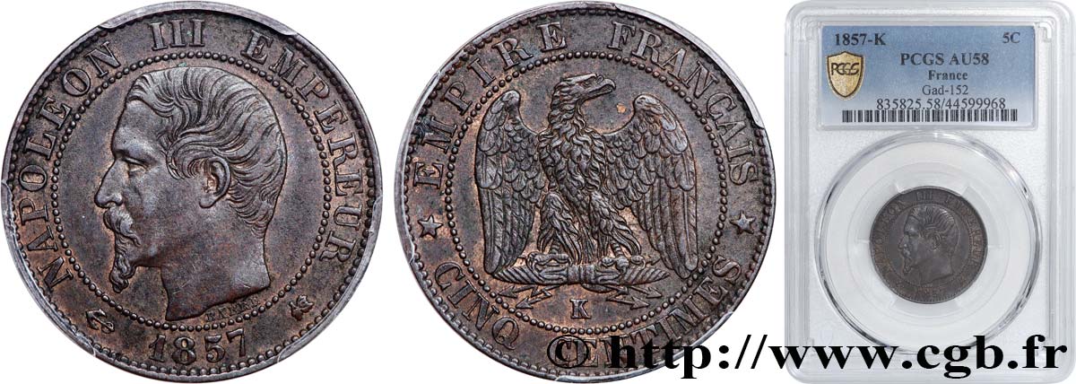 Cinq centimes Napoléon III, tête nue 1857 Bordeaux F.116/41 VZ58 PCGS