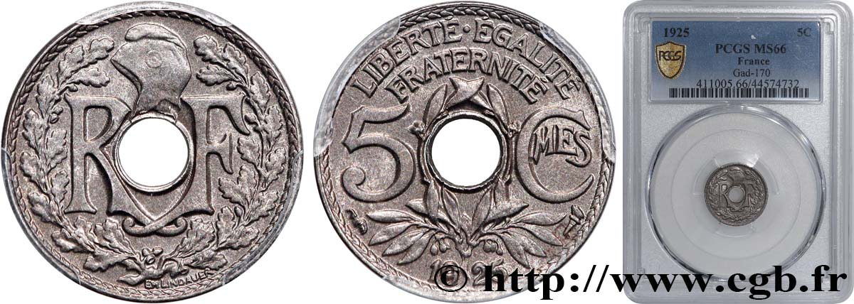 5 centimes Lindauer, petit module 1925 Paris F.122/10 FDC66 PCGS