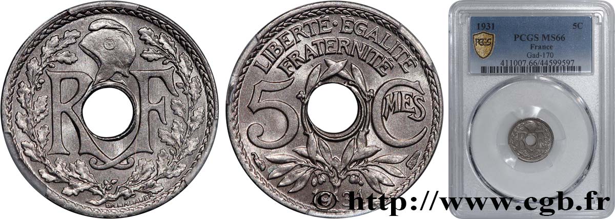 5 centimes Lindauer, petit module 1931 Paris F.122/14 MS66 PCGS