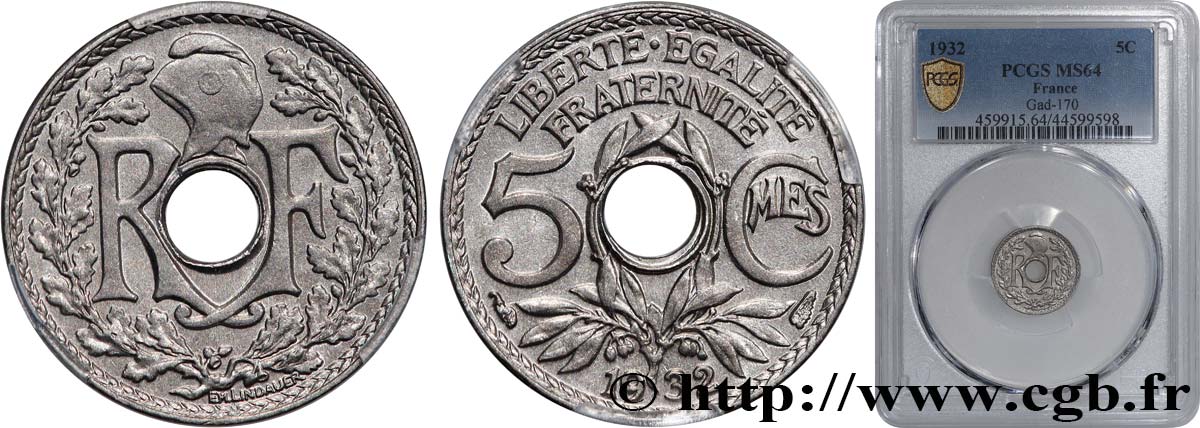5 centimes Lindauer, petit module 1932 Paris F.122/15 MS64 PCGS