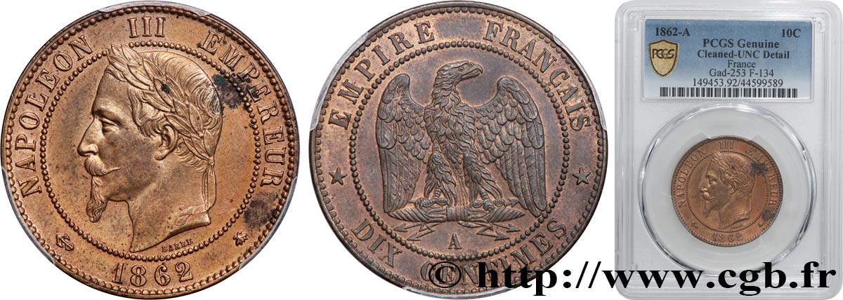 Dix centimes Napoléon III, tête laurée 1862 Paris F.134/7 SUP+ PCGS