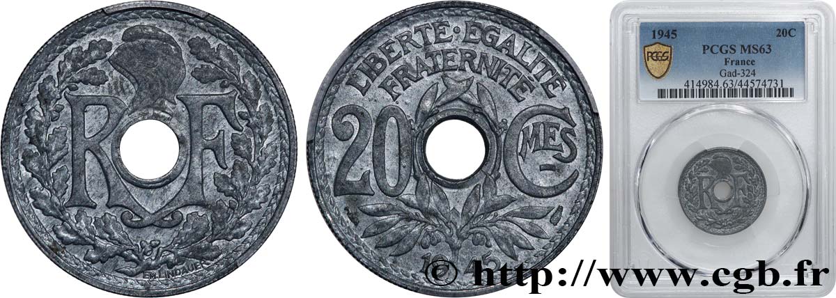 20 centimes Lindauer 1945  F.155/2 SPL63 PCGS