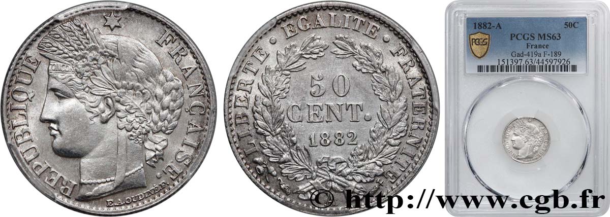 50 centimes Cérès, IIIe République 1882 Paris F.189/10 SPL63 PCGS