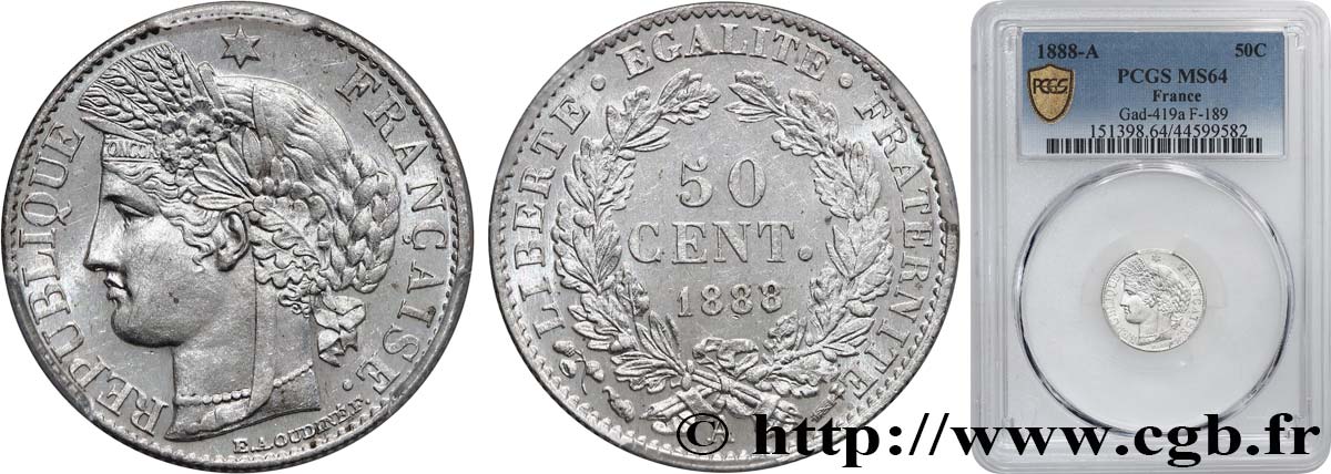 50 centimes Cérès, Troisième République 1888 Paris F.189/13 fST64 PCGS