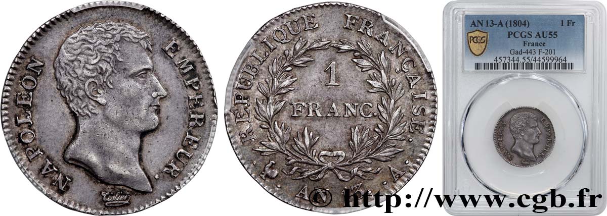 1 franc Napoléon Empereur, Calendrier révolutionnaire 1805 Paris F.201/14 SUP55 PCGS