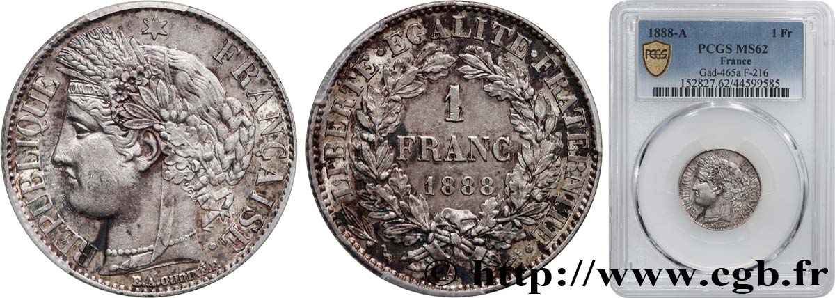 1 franc Cérès, IIIe République 1888 Paris F.216/10 SUP62 PCGS