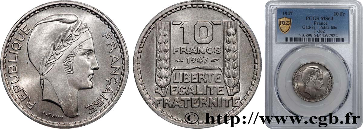10 francs Turin, petite tête 1947  F.362/1 SPL64 PCGS
