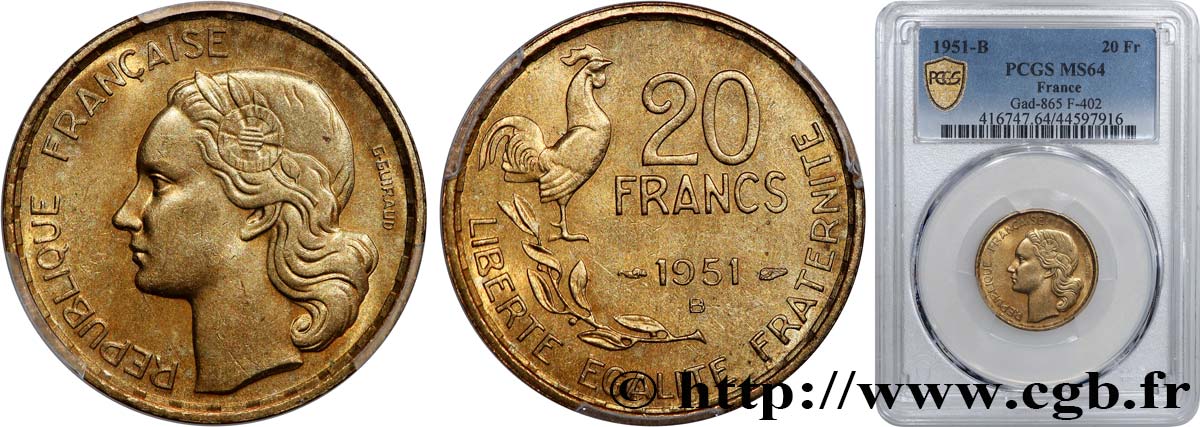 20 francs G. Guiraud 1951 Beaumont-Le-Roger F.402/8 SPL64 PCGS