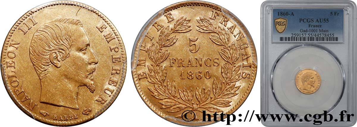 5 francs or Napoléon III, tête nue, grand module 1860 Paris F.501/10 EBC55 PCGS