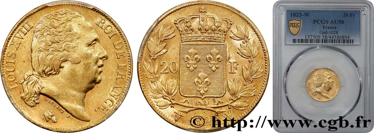 20 francs or Louis XVIII, tête nue 1823 Lille F.519/30 EBC58 PCGS