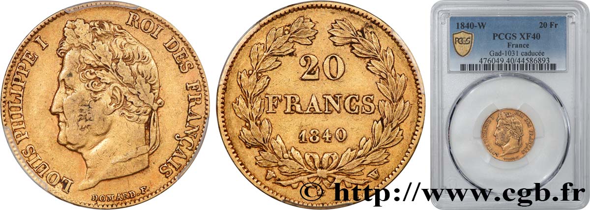 20 francs or Louis-Philippe, Domard 1840 Lille F.527/23 BB40 PCGS