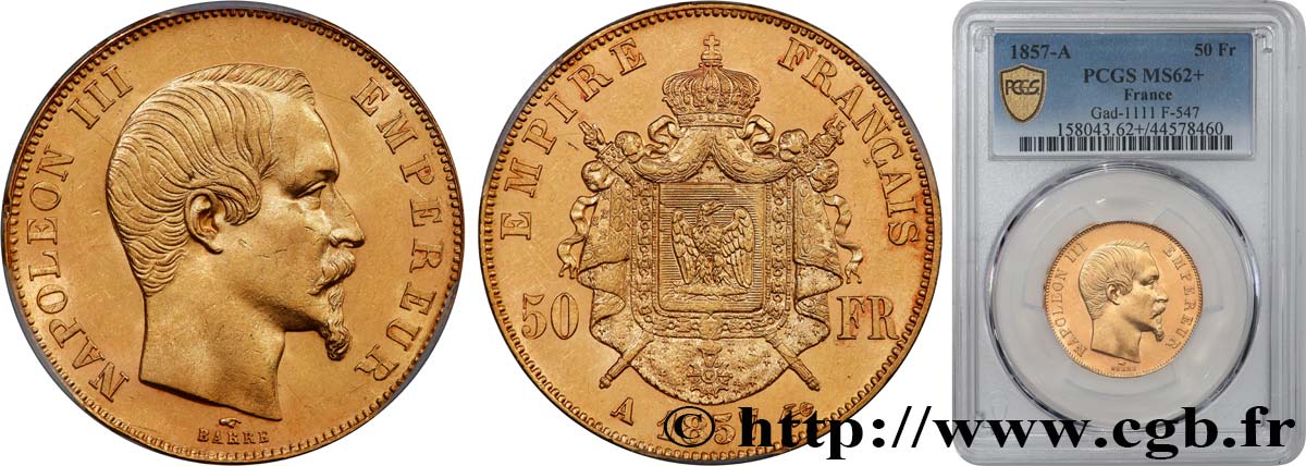 50 francs or Napoléon III, tête nue 1857 Paris F.547/4 EBC62 PCGS