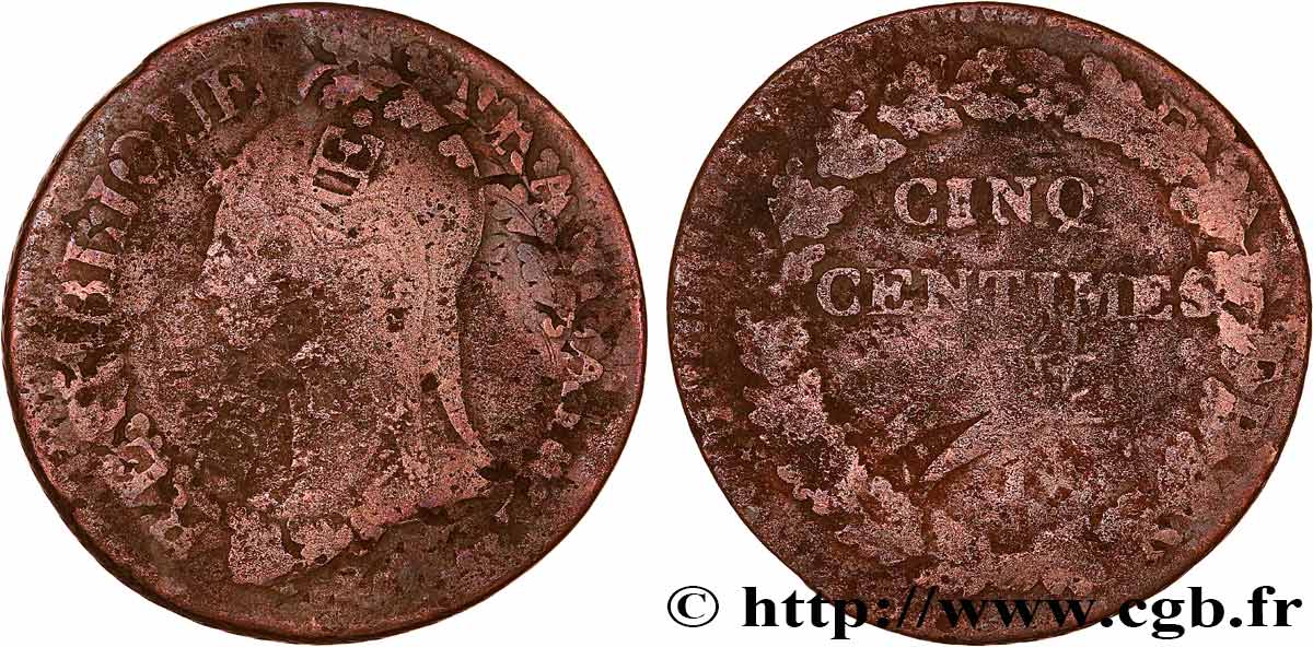 Cinq centimes Dupré, grand module,  refrappage  du décime 1797 Limoges F.114/8 B 