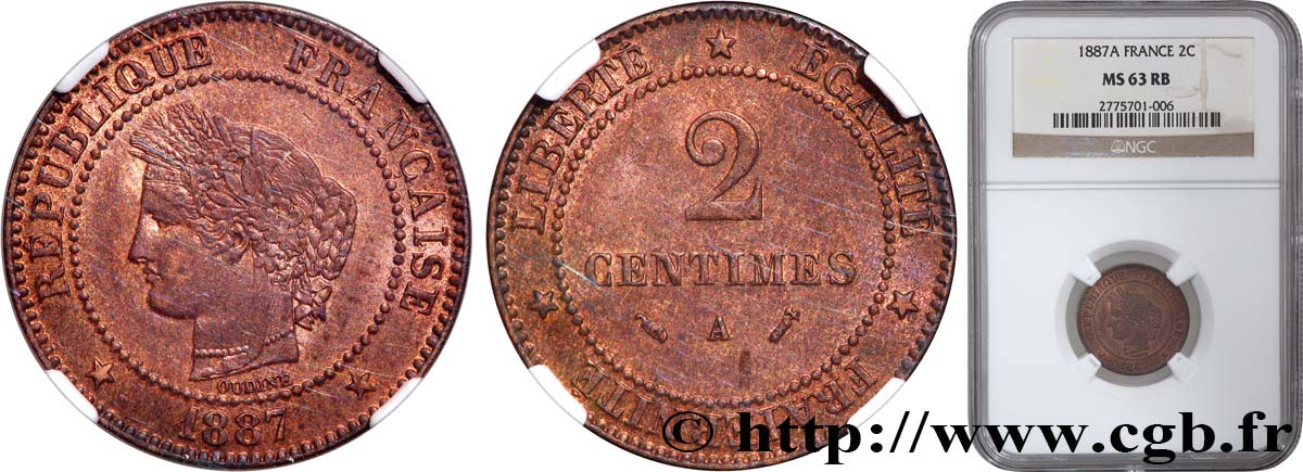 2 centimes Cérès 1887 Paris F.109/13 MS63 NGC