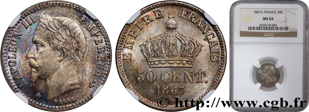 50 centimes Napoléon III, tête laurée 1867 Paris F.188/14 MS65 NGC