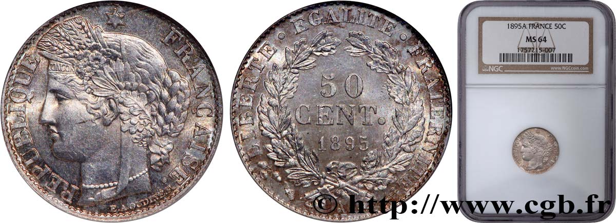 50 centimes Cérès, IIIe République 1895 Paris F.189/16 SPL64 NGC