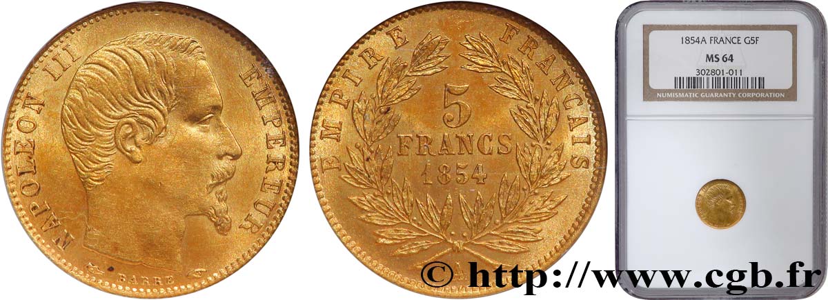 5 francs or Napoléon III, tête nue, petit module, tranche cannelée 1854 Paris F.500A/1 SC64 NGC