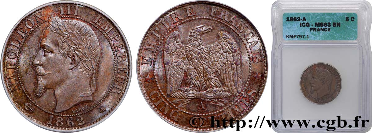 Cinq centimes Napoléon III, tête laurée 1862 Paris F.117/5 SPL63 autre