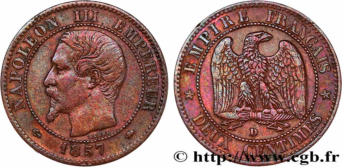 Deux centimes Napoléon III, tête nue, petit D et petit lion 1857 Lyon F.107/48 BC+ 