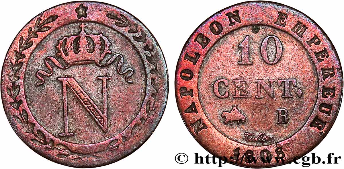 10 cent. à l N couronnée 1808 Rouen F.130/3 BC+ 