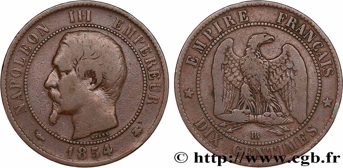 Dix centimes Napoléon III, tête nue 1854 Strasbourg F.133/14 BC20 