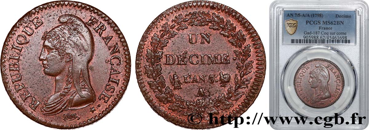 Un décime Dupré, grand module, “N” de UN dédoublée 1799 Paris F.129/28 SUP62 PCGS