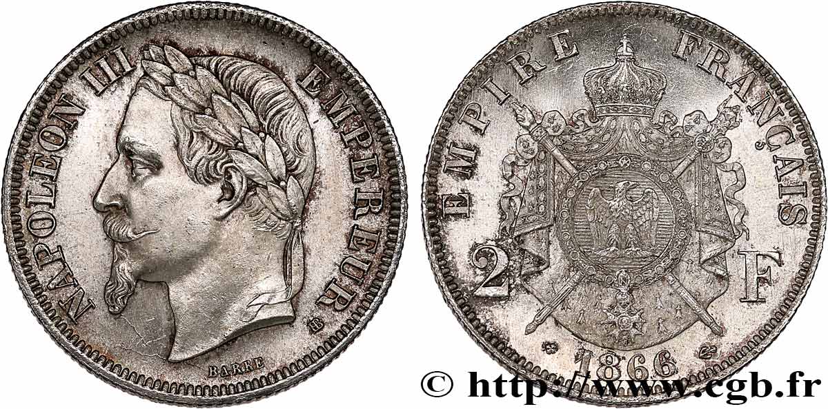 2 francs Napoléon III, tête laurée  1866 Strasbourg F.263/3 MS63 