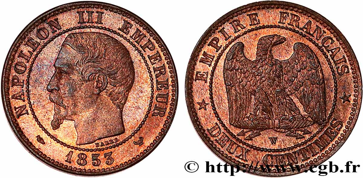 Deux centimes Napoléon III, tête nue 1853 Lille F.107/8 SC64 