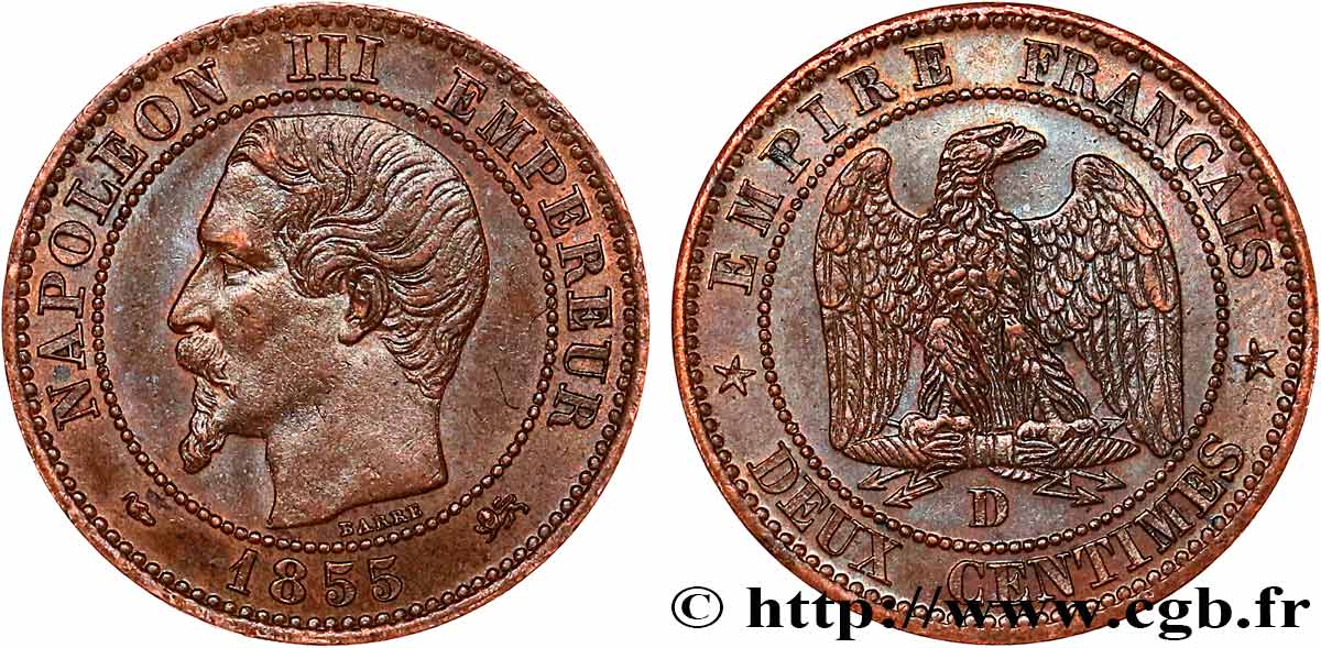 Deux centimes Napoléon III, tête nue, différent Levrette, Grand D et Grand Lyon 1855 Lyon F.107/25 MBC53 